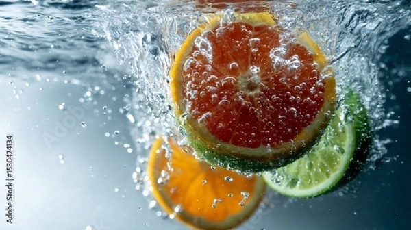 Obraz Citrus fruit slices splashing in water.