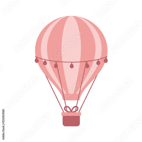 Obraz Pink hot air balloon with striped pattern and dangling decorations, depicted in a cute illustration style
