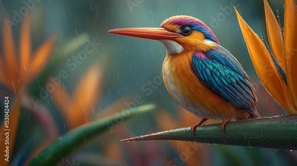 Obraz Colorful kingfisher perched on a branch in a rain shower.