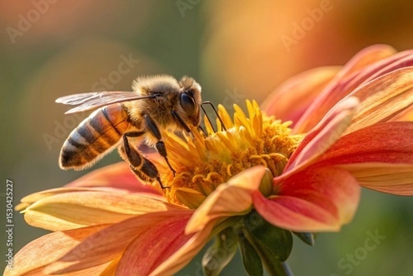 Fototapeta Honeybee collecting pollen on a vibrant orange dahlia flower