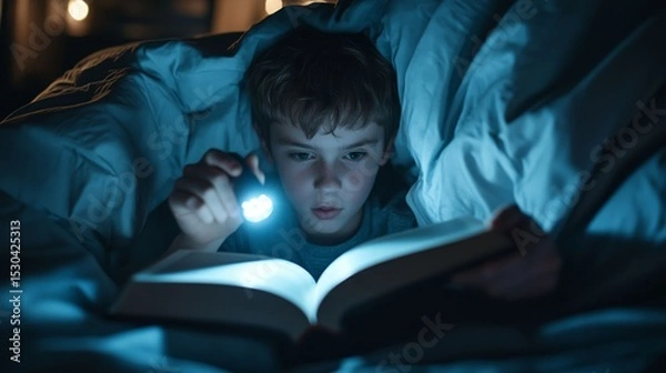 Fototapeta A boy reads a book under a blanket with a flashlight at night, creating an atmosphere of mystery and childhood fantasy.