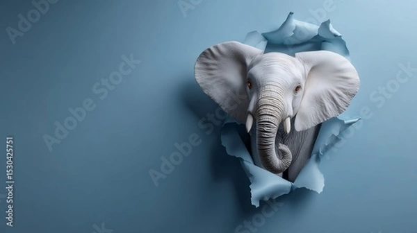 Obraz White elephant head bursts through a ripped hole in a light blue background.