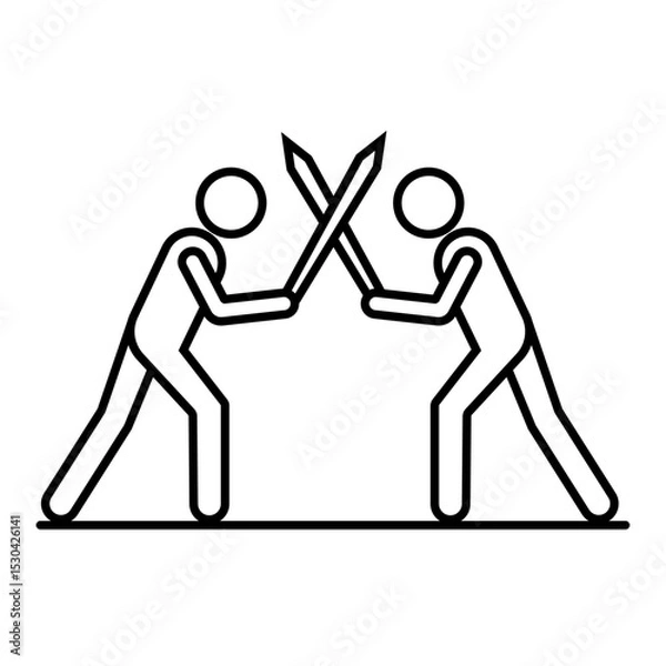 Fototapeta Symbol two fencers engaged in a sword fight isolated on white background. Fencers dueling with swords in a dramatic battle. Fencing sport championship design element editable stroke.