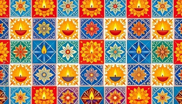 Obraz Vibrant Diwali festival pattern with geometric tiles - decorative lantern designs, flame symbols, flowers in squares. Traditional Indian celebration mosaic motifs for modern holiday