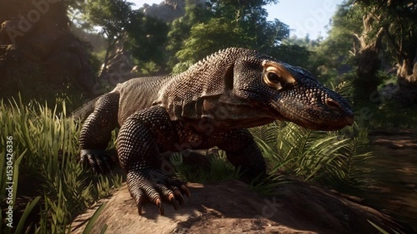 Obraz Large reptile in a lush jungle environment.