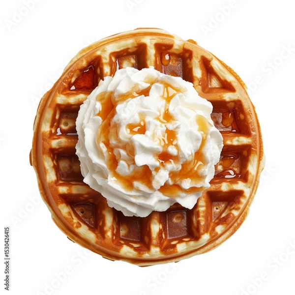 Fototapeta Golden waffle with whipped cream and syrup topping, isolated on white background, concept of sweet dessert treat