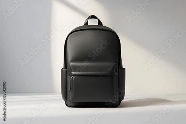 Fototapeta A matte black backpack shown from the front view, placed on a seamless white background, soft diffused lighting highlighting the backpack’s shape and texture.