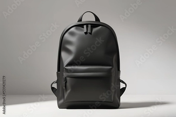Fototapeta A matte black backpack shown from the front view, placed on a seamless white background, soft diffused lighting highlighting the backpack’s shape and texture.