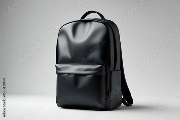 Fototapeta A matte black backpack shown from the front view, placed on a seamless white background, soft diffused lighting highlighting the backpack’s shape and texture.
