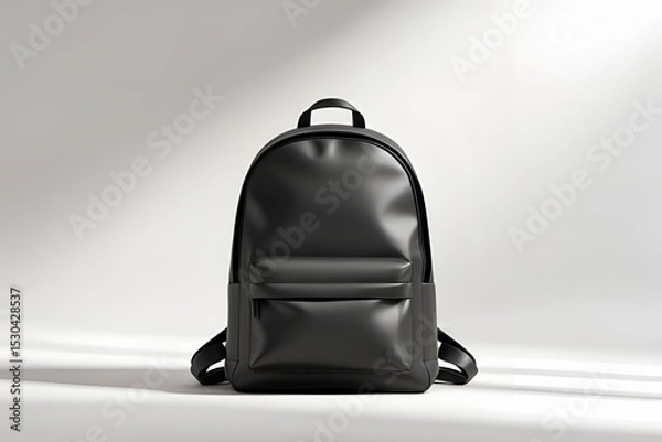 Fototapeta A matte black backpack shown from the front view, placed on a seamless white background, soft diffused lighting highlighting the backpack’s shape and texture.