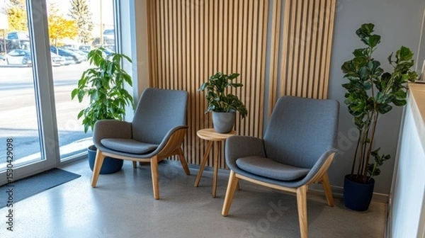 Obraz Modern waiting area with comfortable chairs, plants, and wooden paneling
