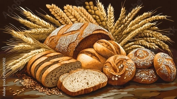 Obraz Still life of various breads and wheat stalks