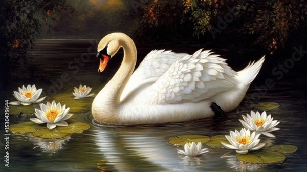 Obraz Serene swan on a tranquil pond, surrounded by water lilies