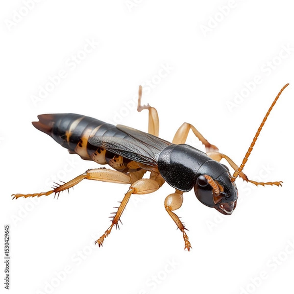 Obraz A close-up view of a black and tan earwig insect with visible segmented body, wings, pincers, and long antennae. Png, Transparent background.