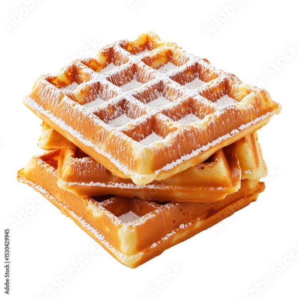 Fototapeta Stack of golden brown waffles sprinkled with powdered sugar, isolated on white transparent background