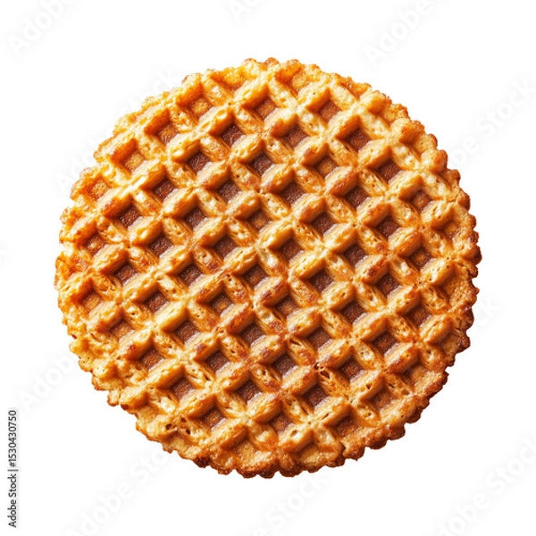 Fototapeta Caramel stroopwafel with crisp texture shown from top view isolated on white background representing sweet snack concept