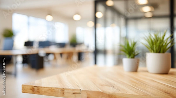 Obraz Modern office workspace with wooden table in foreground and blurred background of desks and plants.