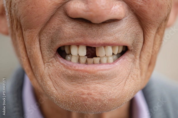 Obraz A close-up shot of an elderly man's mouth, showcasing a missing tooth. Revealing the passage of time, wrinkles, and the natural process of aging.