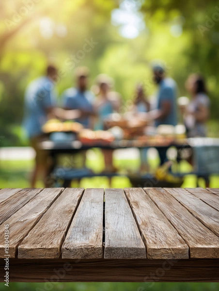Obraz A blurred, inviting wooden tabletop forms the foreground, perfectly framing the joyous scene of a summertime picnic, showcasing the beauty of a gathering. 