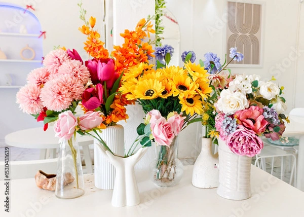 Fototapeta Floral Symphony: A vibrant assortment of meticulously arranged artificial flowers bursts forth in a radiant display, each bloom carefully positioned to create an enchanting tableau.