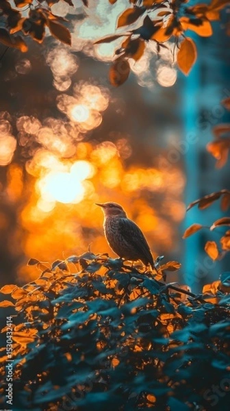 Fototapeta "Colorful Sunset Silhouette of Bird on Tree Branch"