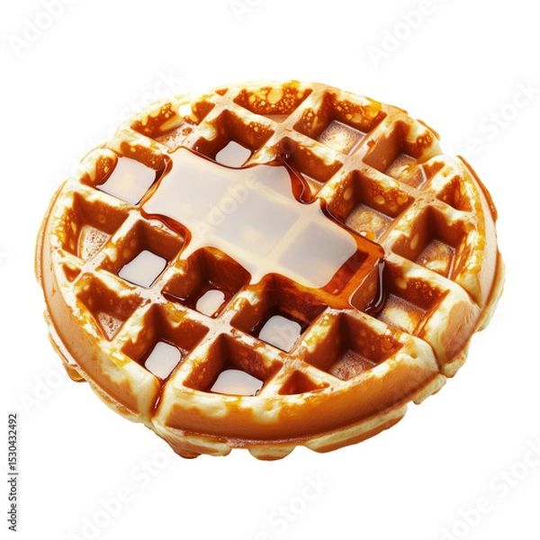 Fototapeta Golden waffles stacked with sweet syrup dripping, isolated on white transparent background. Concept of breakfast treat