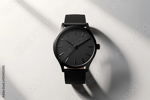 Fototapeta A matte black wristwatch shown from the front view, placed on a seamless white background, soft diffused lighting highlighting the watch’s shape and texture.