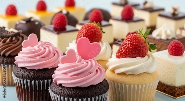 Obraz Artfully arranged decadent mini desserts and frosted cupcakes, ideal for any celebration.

