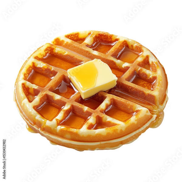 Fototapeta Golden waffle topped with melting butter and sweet syrup, isolated on white transparent background, concept of breakfast