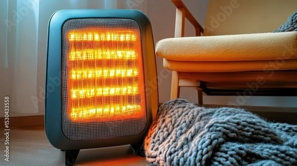 Obraz Gray heater with warm orange lights, near a yellow chair and a knitted blanket