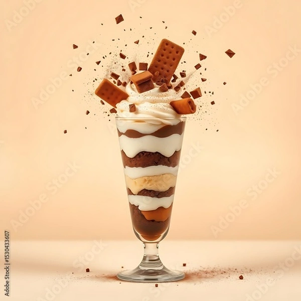 Obraz Layered Chocolate and Cream with Crushed Cookies and Biscuit Toppings - Decadent Dessert in a Tall Glass