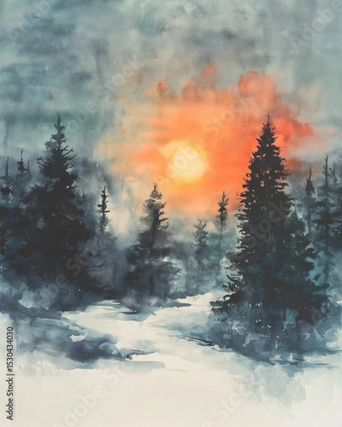 Obraz Sunset over a tranquil winter forest adorned with silhouette trees in vibrant watercolor hues. Generative AI