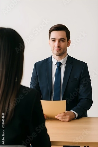 Fototapeta Young business man worker or job seeker sitting in job interview. Business interview or teamwork concept