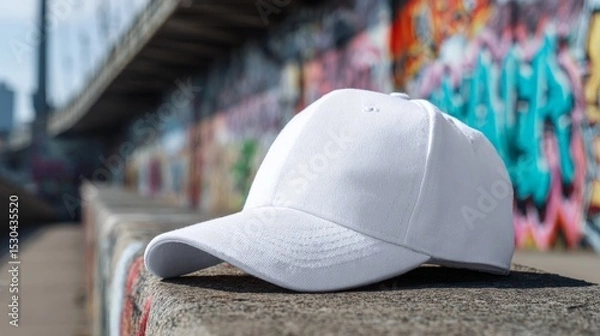 Fototapeta mockup of a white baseball cap with a graffiti wall in the background