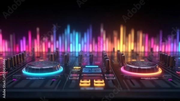 Fototapeta Close-up of a dj mixer with vibrant neon lighting.