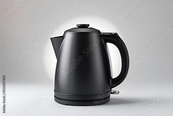 Fototapeta A matte black electric kettle shown from the front view, placed on a seamless white background, soft diffused lighting highlighting the kettle’s shape and texture.