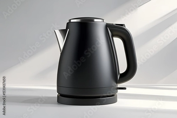 Fototapeta A matte black electric kettle shown from the front view, placed on a seamless white background, soft diffused lighting highlighting the kettle’s shape and texture.