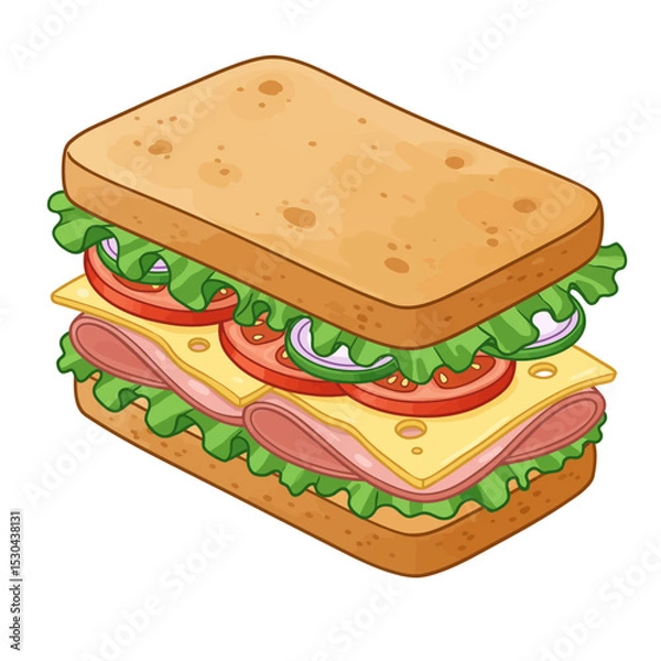 Obraz Sandwich with fresh lettuce, tomato, ham, and cheese. Vector cartoon illustration
