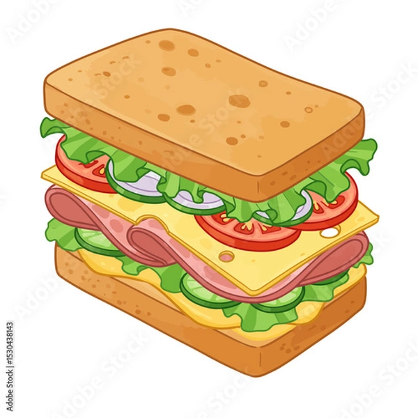Obraz Sandwich with fresh lettuce, tomato, ham, and cheese. Vector cartoon illustration