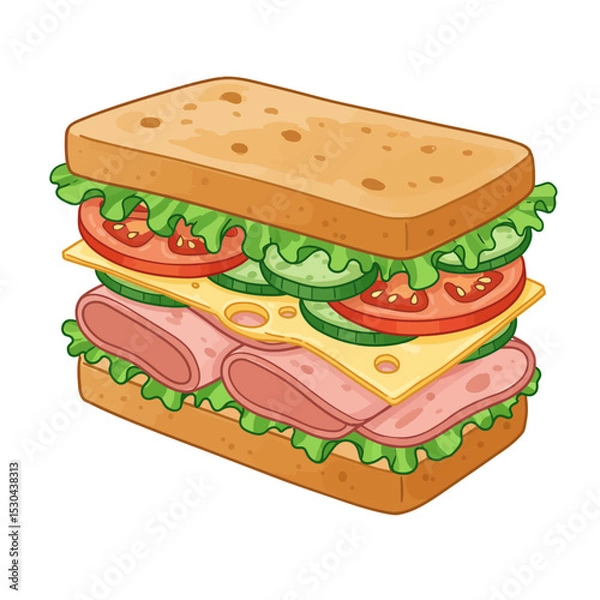 Obraz Sandwich with fresh lettuce, tomato, ham, and cheese. Vector cartoon illustration