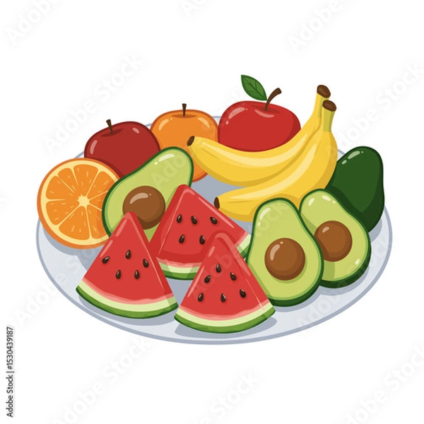 Obraz A colorful assortment of fruits and vegetables, including watermelon, apples, oranges, and bananas. Concept of abundance and freshness, with the various fruits
