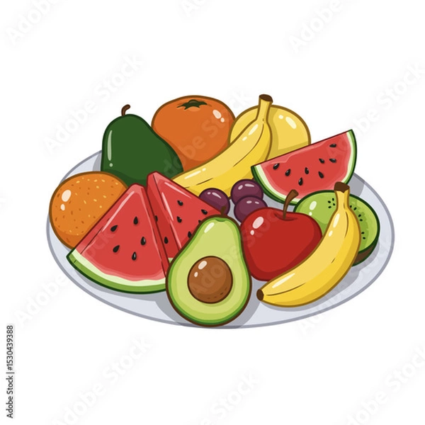 Obraz A colorful assortment of fruits and vegetables, including watermelon, apples, oranges, and bananas. Concept of abundance and freshness, with the various fruits