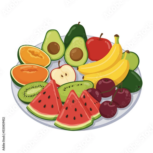 Obraz A colorful assortment of fruits and vegetables, including watermelon, apples, oranges, and bananas. Concept of abundance and freshness, with the various fruits