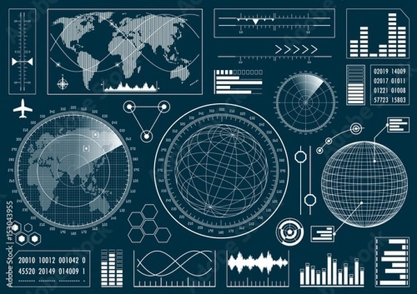 Fototapeta Set of futuristic user interface HUD. Infographic design elements and radar screens. Vector illustration.