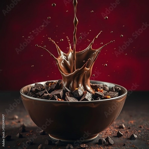 Obraz Dark Melted Chocolate Splashing into a Bowl of Rich Chocolate Chunks and Shavings, Against a Deep Red Background – Decadent Dessert Art Photography