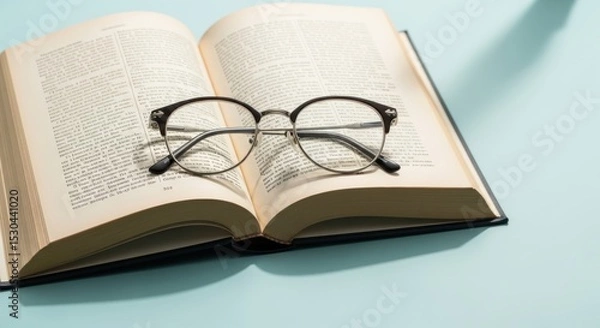 Obraz Celebrating book lovers day with open book and glasses on soft blue background
