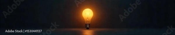 Fototapeta A single light bulb illuminates a dark room, representing a fully formed idea suddenly appearing The concept is complete, bright, and clear in the otherwise empty space , focus, ingenuity