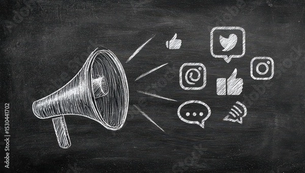 Obraz Chalk drawing of a megaphone with social media icons radiating outward on a dark chalkboard
