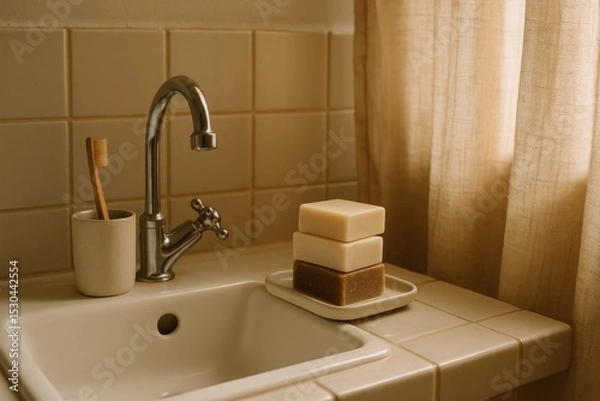 Obraz A bathroom sink area with a toothbrush in a holder, stacked soap bars, and natural light streaming through sheer curtains.