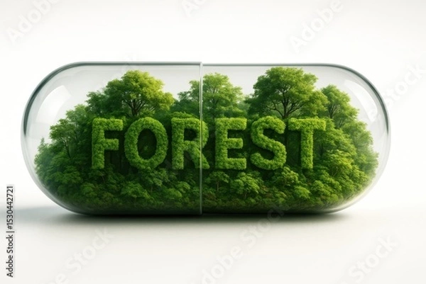 Obraz A forest is encased inside a transparent capsule labeled FOREST, combining ecological symbolism with pharmaceutical design in vivid green hues.